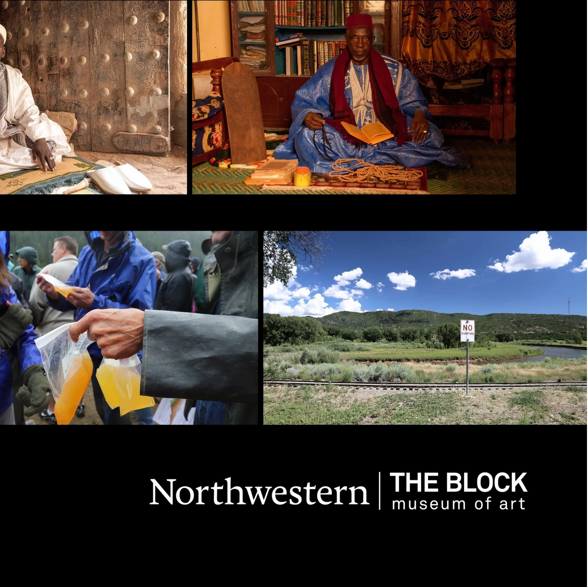 works from Hamdia Traore and Teresa Montoya exhibitions arranged against black background with Block Museum logo beneath