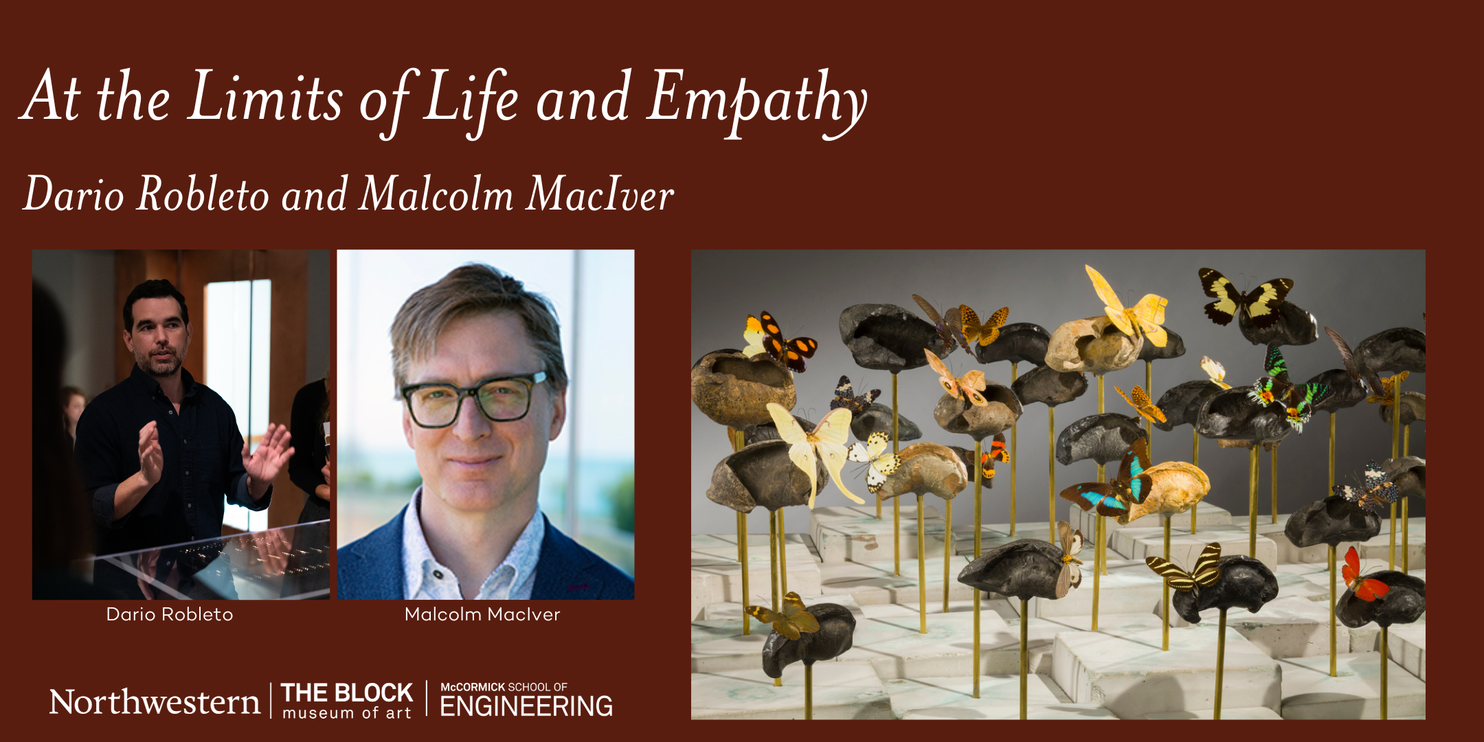 graphic with speakers' headshots on the left and photo of an artwork consisting of various butterflies in a glass case on the right