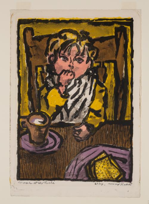 print of a white, blonde child sitting at a table with a hand raised to their mouth as if eating 