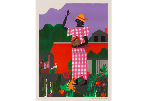 Colorful print of woman with dark skin standing in a garden and wearing a hat and dress 
