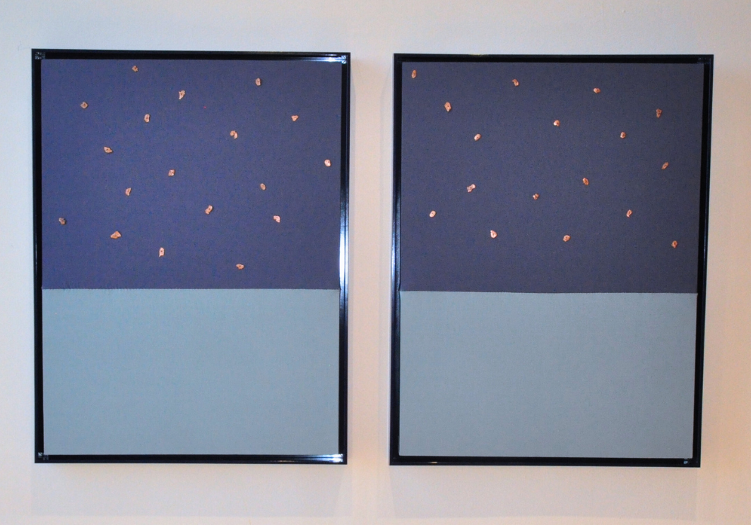 Two similar vertical compositions in black frames. light blue rectangle across the bottom and dark blue with shiny speckles across top.