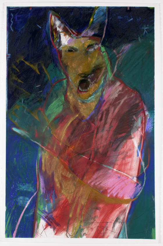 loose, colorful pastel sketch of humanoid figure with animal head