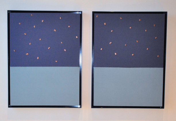 Two similar vertical compositions in black frames. light blue rectangle across the bottom and dark blue with shiny speckles across top.