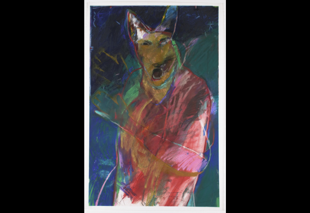 loose, colorful pastel sketch of humanoid figure with animal head