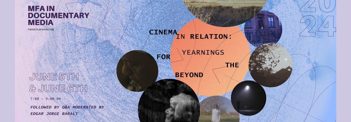 A colorful poster with concentric circles of images has the text "Cinema in Relation" 
