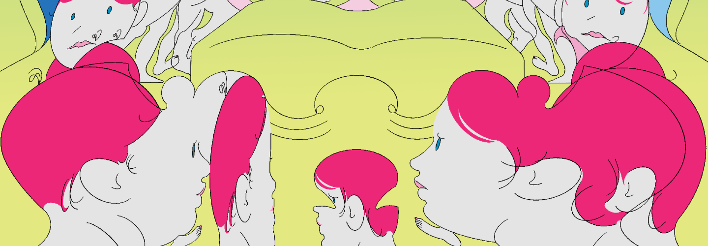 Eyeworks artwork is a line drawing of figures with pink hair on a yellow background