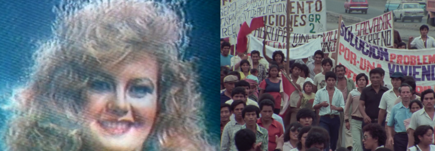 Images from Grupo Chaski: one of a beauty queen in close up and another of public protest