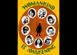 poster with the words "Womankind is Awakening" and a circle of illustrated portraits of women 