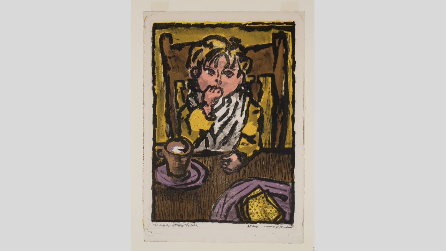 Image on gray background: painting of young blond boy sitting at dinner table with mug and plate of food