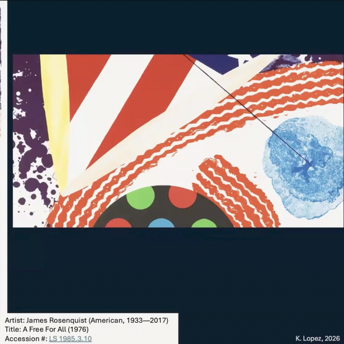 detail of J. Rosenquist work depicting abstracted portion of american flag with other bright colored accents